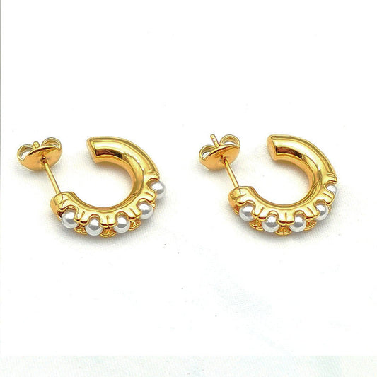Classic Waterproof Gold Plated Stainless Steel C-Shaped Basic Pearl Hoop Earrings for Women Fashion Jewelry
