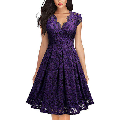 Women Lace Floral Sleeveless Evening Party Dresses Elegant Female Bodycon V-neck Dress