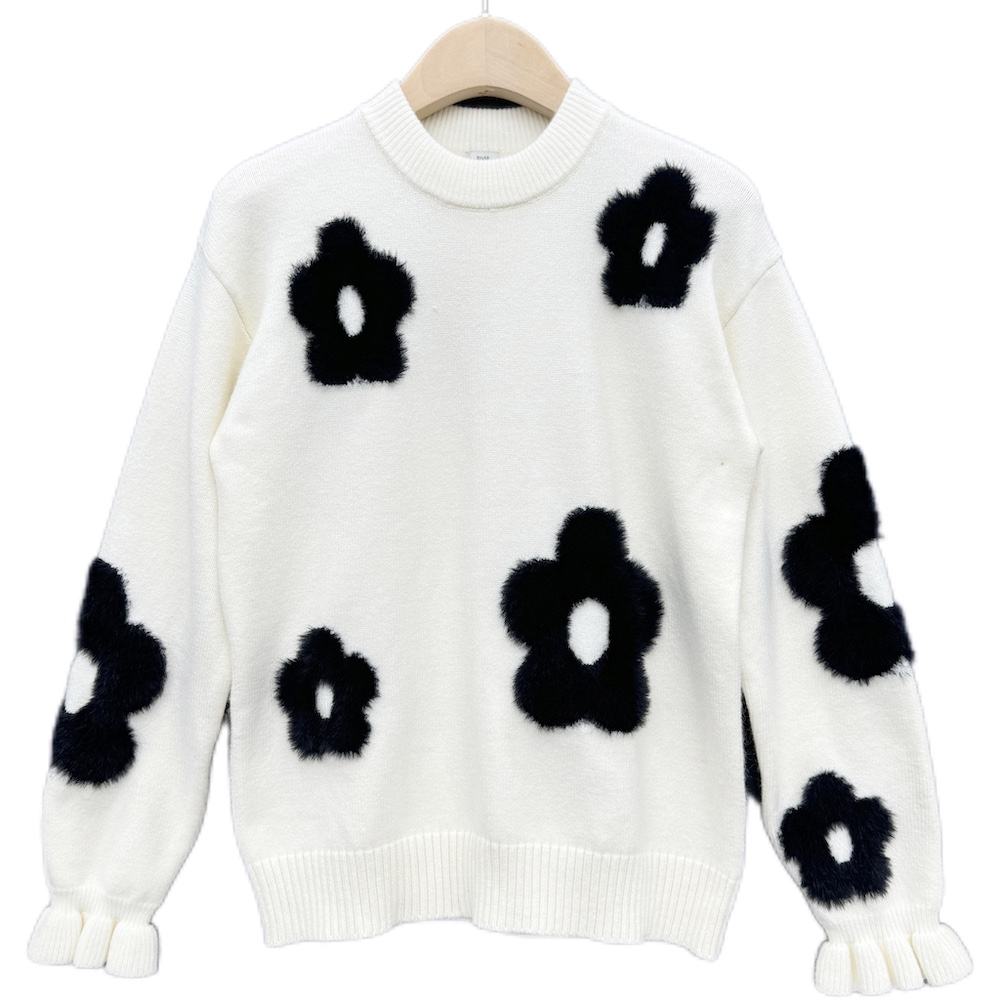 Women's Soft Touch Pullover with Flower Shape Jacquard and Ruffled Cuff for Winter Knitwear