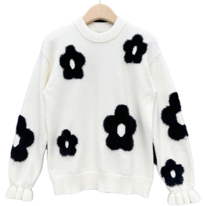 Women's Soft Touch Pullover with Flower Shape Jacquard and Ruffled Cuff for Winter Knitwear
