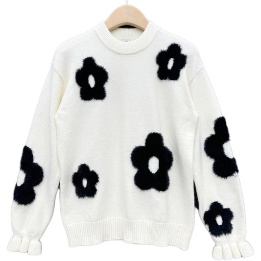 Women's Soft Touch Pullover with Flower Shape Jacquard and Ruffled Cuff for Winter Knitwear