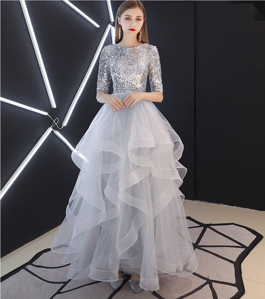 Silver Grey Luxury Ruffle Ball Gown Evening Dress Sequin Lady Fashion Evening Dress