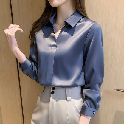 Hot Spring Autumn Solid Long Sleeve Chiffon Blouse Shirt Turn Down Collar Office Blouse