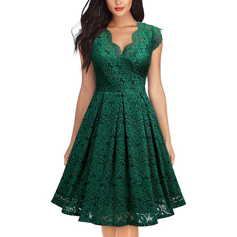 Women Lace Floral Sleeveless Evening Party Dresses Elegant Female Bodycon V-neck Dress