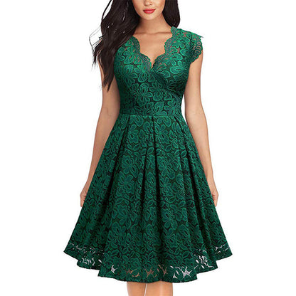 Women Lace Floral Sleeveless Evening Party Dresses Elegant Female Bodycon V-neck Dress