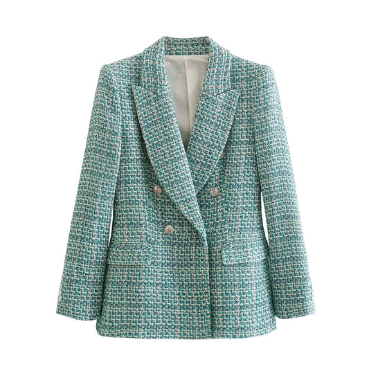 Women's Textured Double-breasted Wool Casual Blazer 2024 New Top Female Fashion Slim-fit Coat