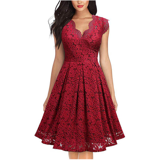 Women Lace Floral Sleeveless Evening Party Dresses Elegant Female Bodycon V-neck Dress