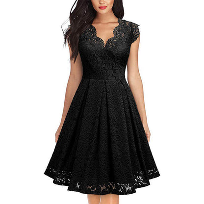 Women Lace Floral Sleeveless Evening Party Dresses Elegant Female Bodycon V-neck Dress