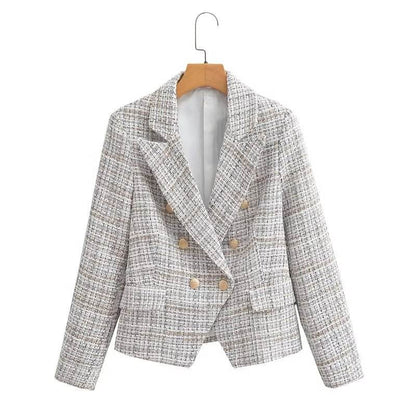 double breasted long sleeve notched collar casual blazer for women
