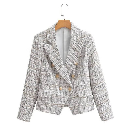 double breasted long sleeve notched collar casual blazer for women