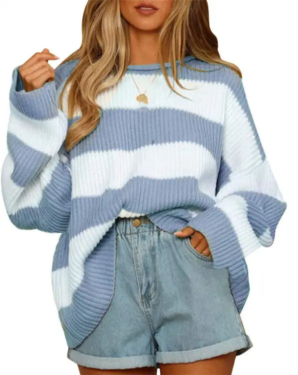 Winter Crew Neck Striped Color Block Pullover Women's Long Sleeve Knitwear
