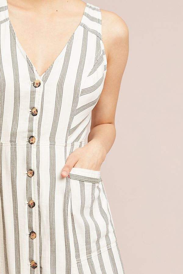 Women summer v neck sleeveless button down casual fashion striped linen dress with front pockets