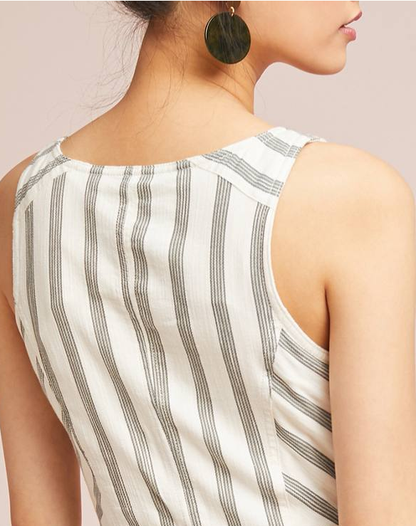 Women summer v neck sleeveless button down casual fashion striped linen dress with front pockets
