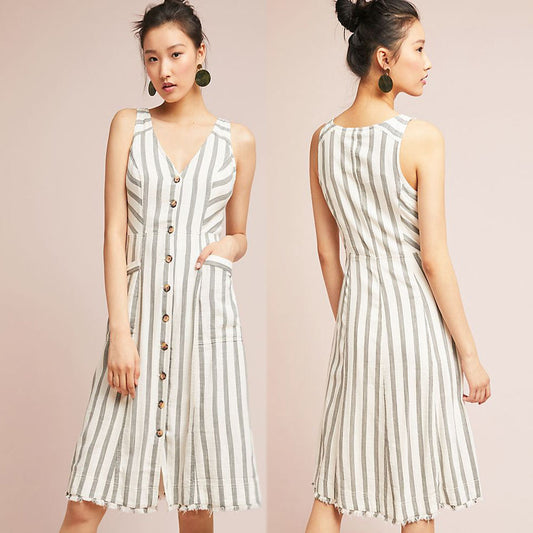 Women summer v neck sleeveless button down casual fashion striped linen dress with front pockets