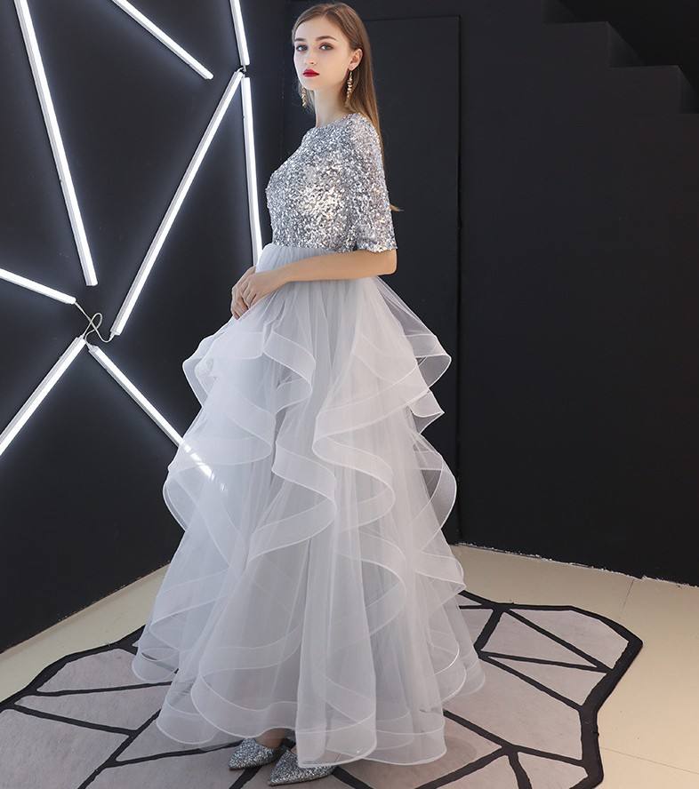 Silver Grey Luxury Ruffle Ball Gown Evening Dress Sequin Lady Fashion Evening Dress