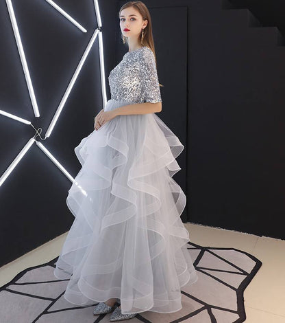 Silver Grey Luxury Ruffle Ball Gown Evening Dress Sequin Lady Fashion Evening Dress