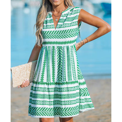 Summer Bohemian Style Vacation Beach V-Neck Sleeveless Casual Mini Dress