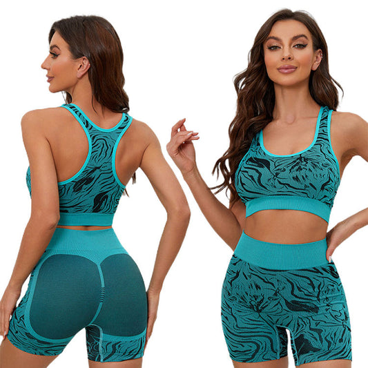 Women's New Yoga Active Wear Set Sports Bra with Wide Shoulder Straps Printed Pattern Two-Piece Yoga Set