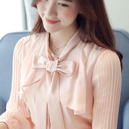 Latest Design Fashion Elegant Korean Bowknot Office Chiffon Shirt