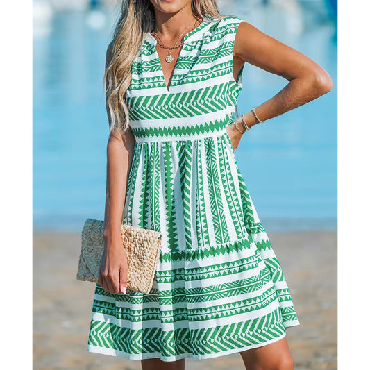 Summer Bohemian Style Vacation Beach V-Neck Sleeveless Casual Mini Dress