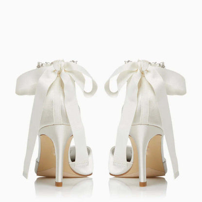 Ladies Bridal Shoes Elegant White Satin Stiletto Heels Ankle Strap Pumps