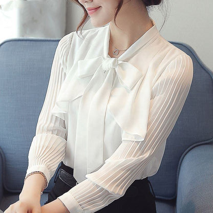 Latest Design Fashion Elegant Korean Bowknot Office Chiffon Shirt