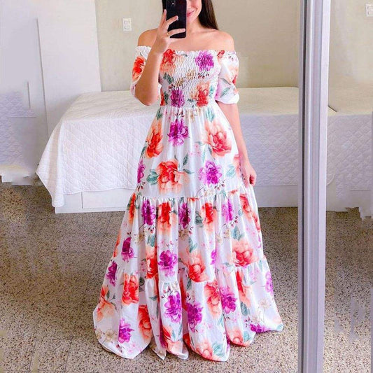 Fashion Ladies Long Summer One-shoulder Floral Dress