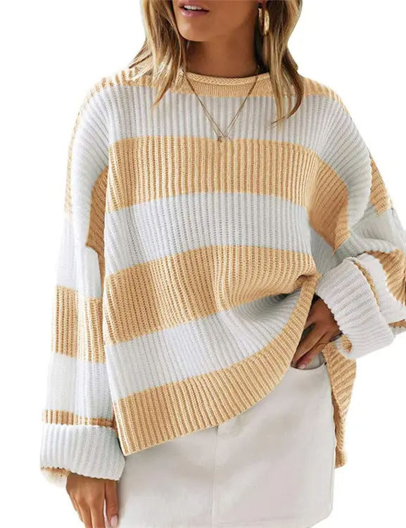 Winter Crew Neck Striped Color Block Pullover Women's Long Sleeve Knitwear