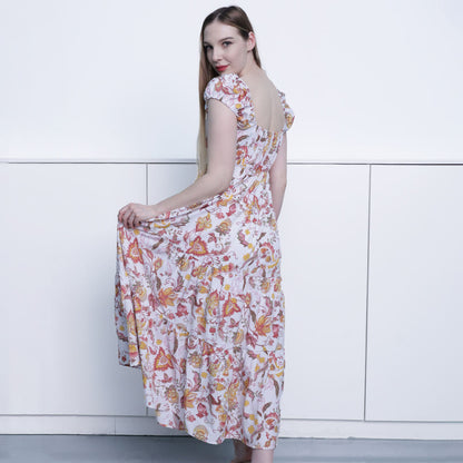 Couture long semi formal prom dress western european medieval plus size elegant lady girls printed horn sleeve cake dress