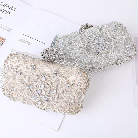 Woman Floral Pearls Clutch Evening Bag With Gold Chain Wedding Party Acrylic Designer Hand Bag With Metal Frame
