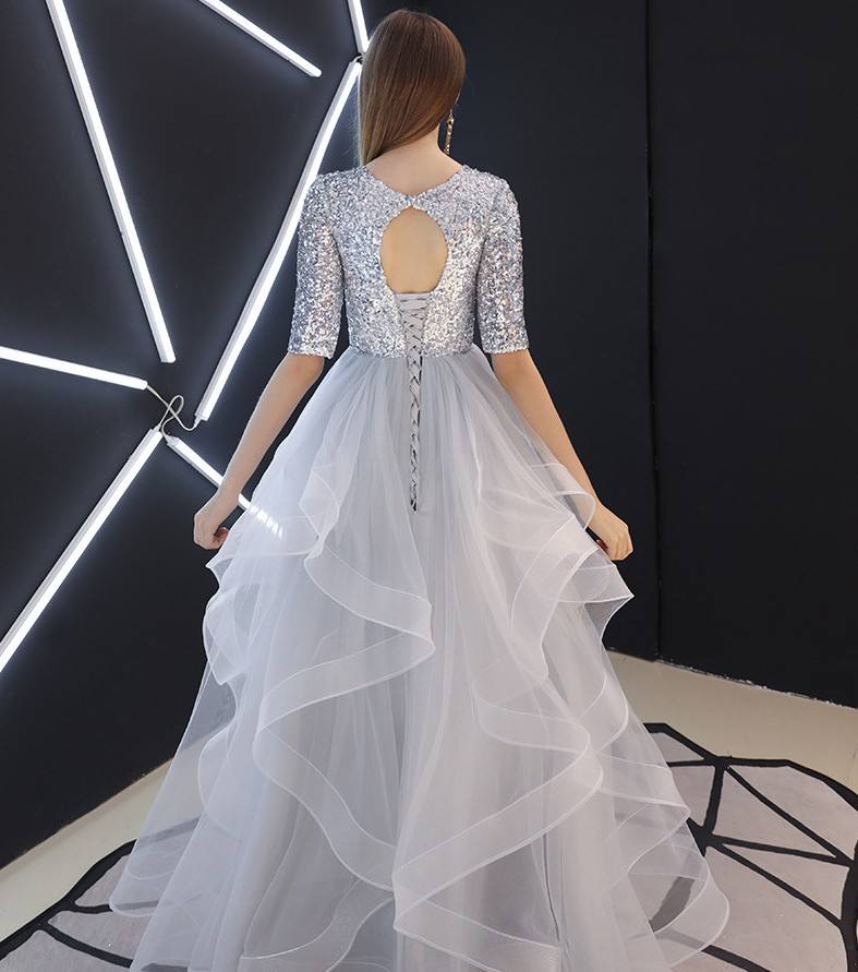 Silver Grey Luxury Ruffle Ball Gown Evening Dress Sequin Lady Fashion Evening Dress