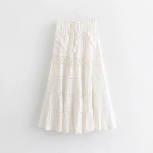 Spring Summer Rayon Latest White Lace women Long Skirt With Tassel