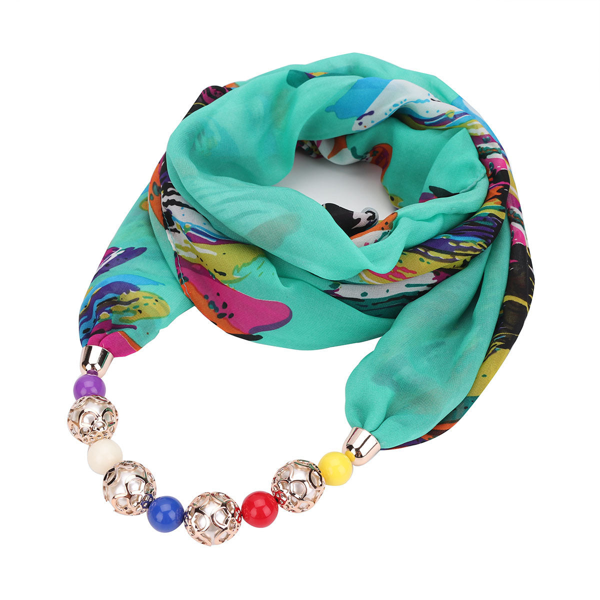 Print Alloy Pendant Scarf Beaded Pendant ScarfPrinted Chiffon Necklace