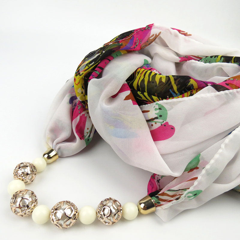 Print Alloy Pendant Scarf Beaded Pendant ScarfPrinted Chiffon Necklace