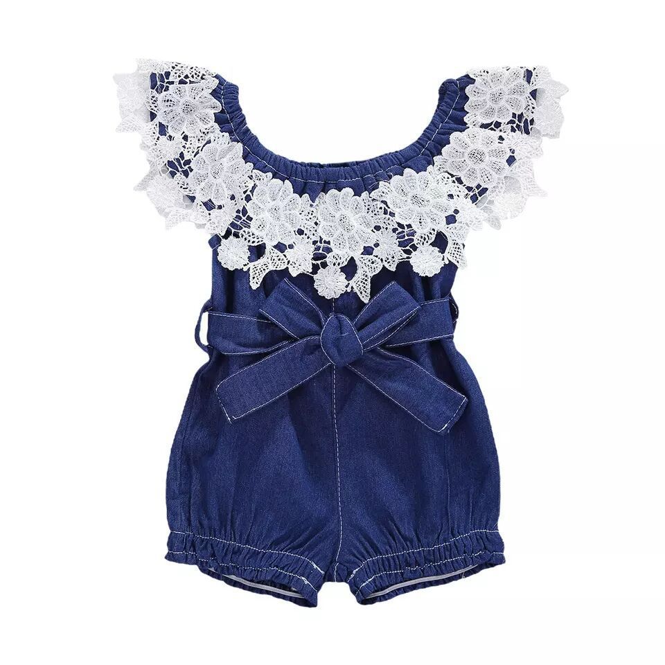 Off-the-shoulder Jumpsuit Girls Ruffled Blue Denim Romper