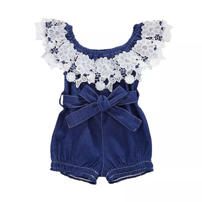 Off-the-shoulder Jumpsuit Girls Ruffled Blue Denim Romper
