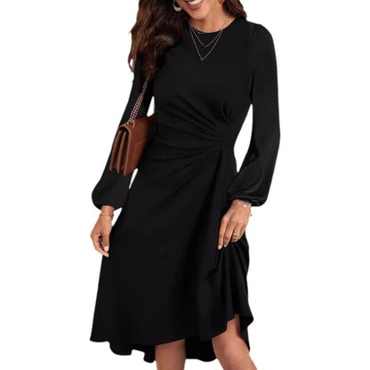 European And American Round Neck Pullover Fashion Long Sleeve Slim Fit Slit Dress