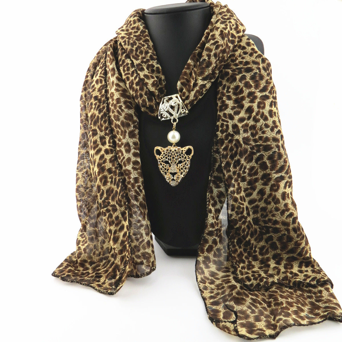 Print Alloy Pendant Scarf Beaded Pendant ScarfPrinted Chiffon Necklace