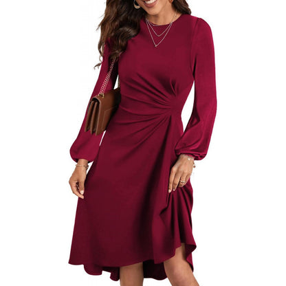 European And American Round Neck Pullover Fashion Long Sleeve Slim Fit Slit Dress