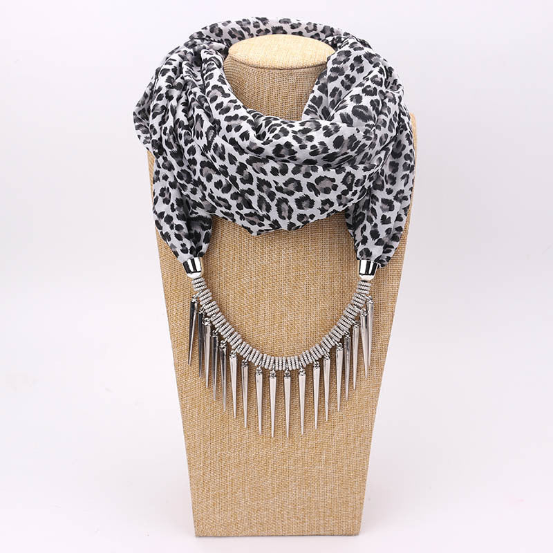 Print Alloy Pendant Scarf Beaded Pendant ScarfPrinted Chiffon Necklace